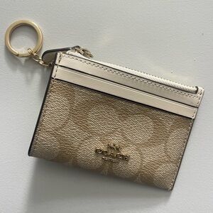 Coach Tan and Cream Key Card Holder with Gold-Tone Hardware